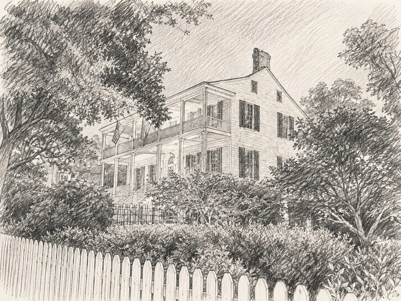 Pencil drawing of the Burgwin-Wright House behind its picket fence and gardens