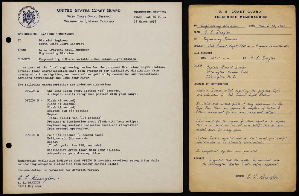 A revised 1956 Coast Guard memorandum and a telephone memorandum recording a harbor pilot's objection to the proposed pattern