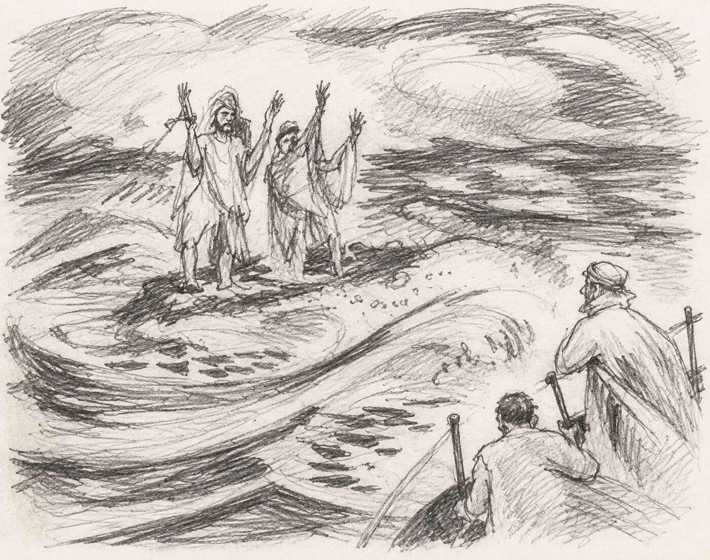 Pencil sketch of two chained apparitions with raised arms, seen from Captain Harper's boat