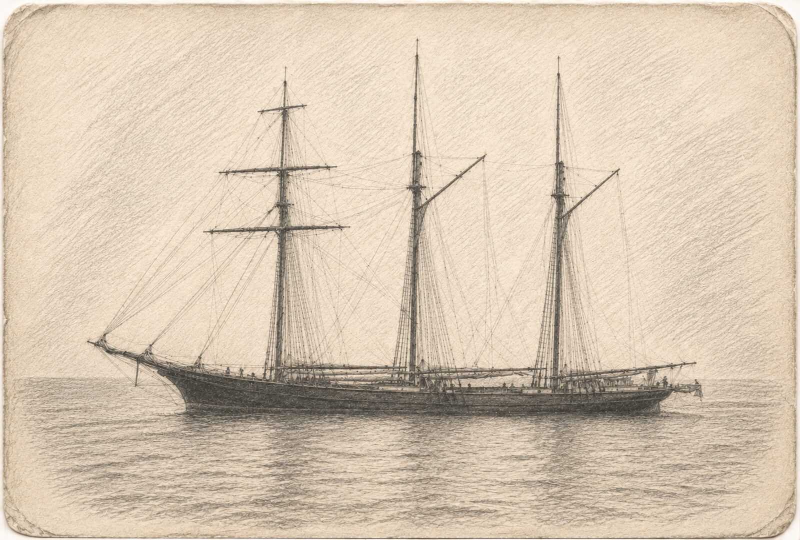 Pencil drawing of the three-masted schooner Mercy Ellen lying becalmed on still water