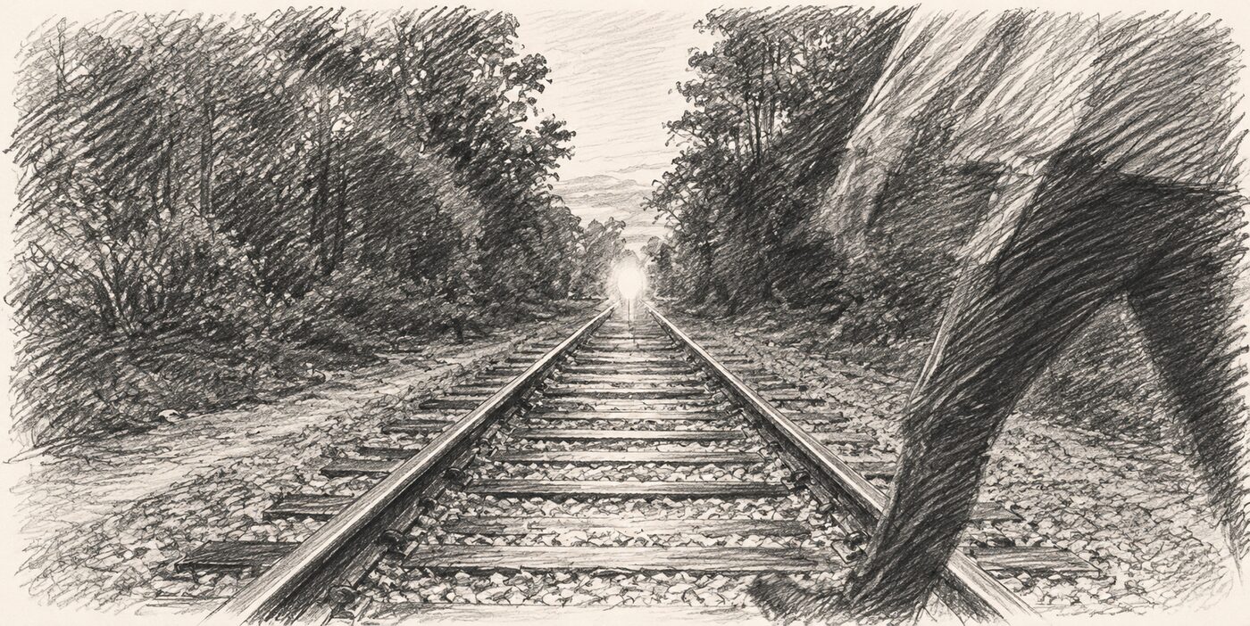 Pencil sketch of a glowing light far down a railroad line with a shadowy figure on the rails