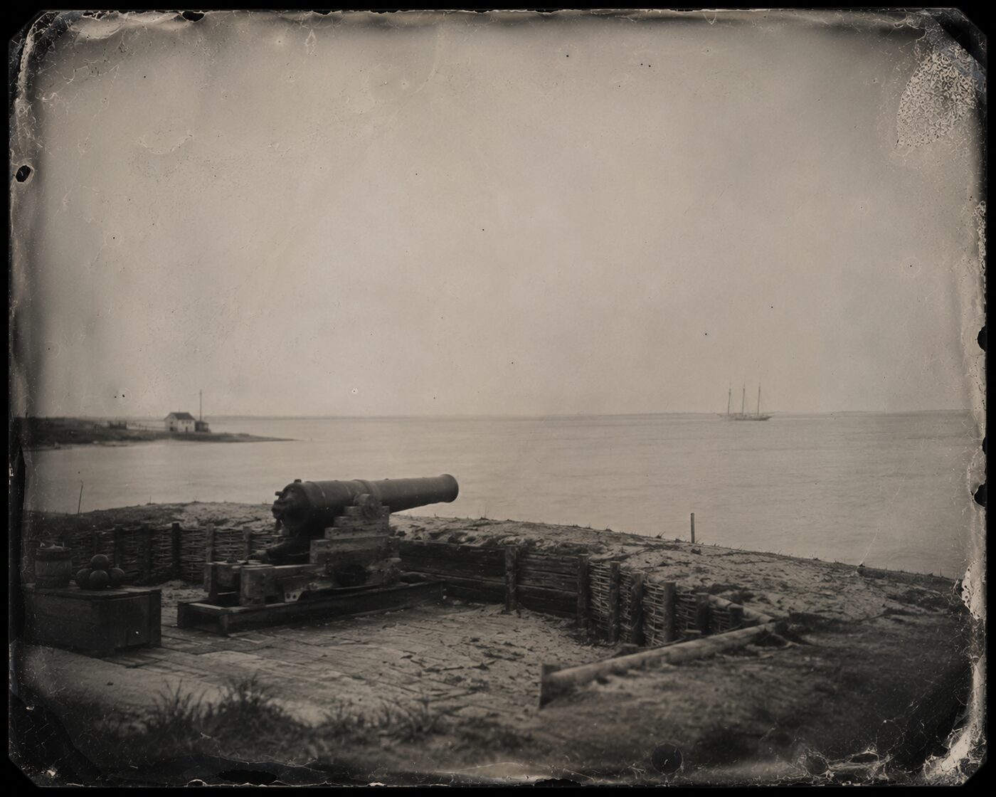 Tintype photograph: the three-masted schooner Mercy Ellen lying in the distance beyond a cannon at the Fort Caswell water battery