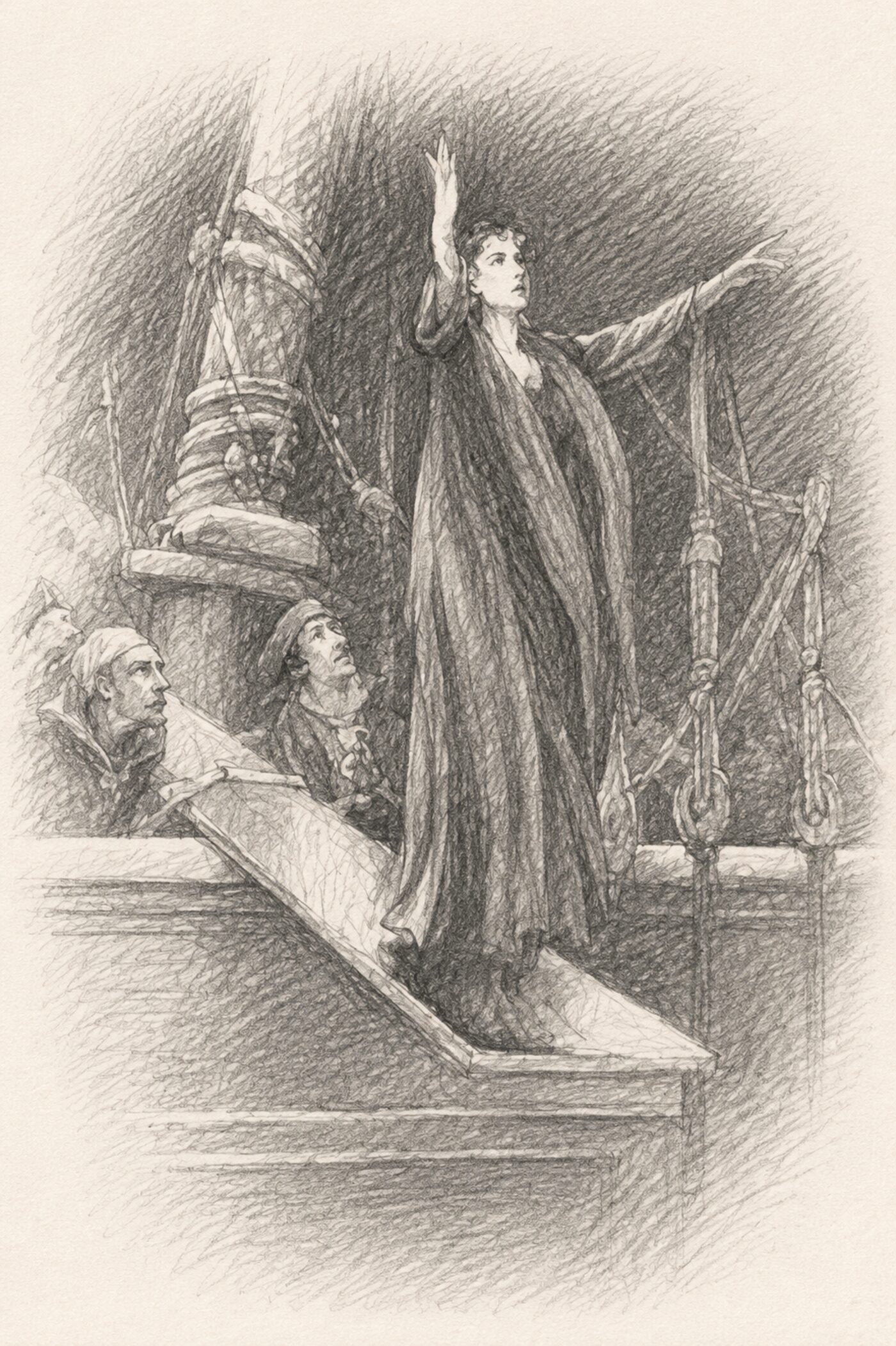 Pencil sketch: a woman in a long gown stands on the plank of a ship with arms raised as pirates look on