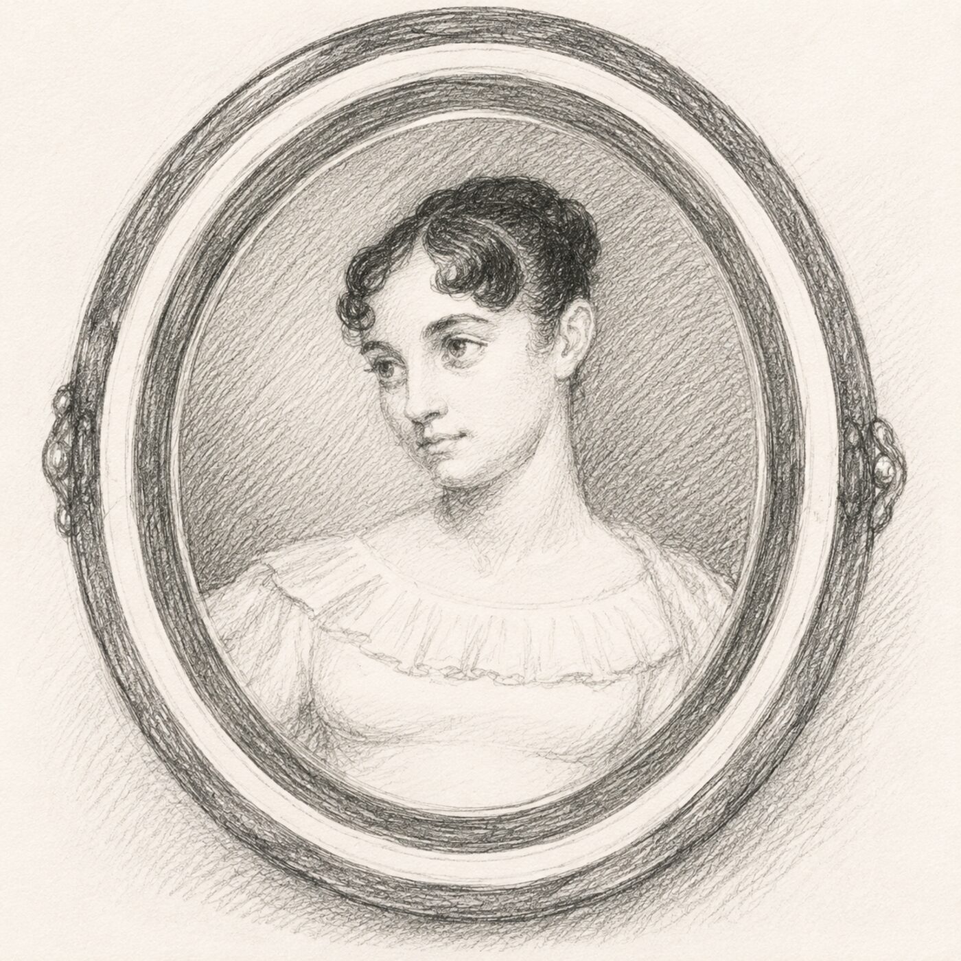 Pencil sketch of a framed oval portrait of a young woman in an empire-waist gown, said to be Theodosia Burr
