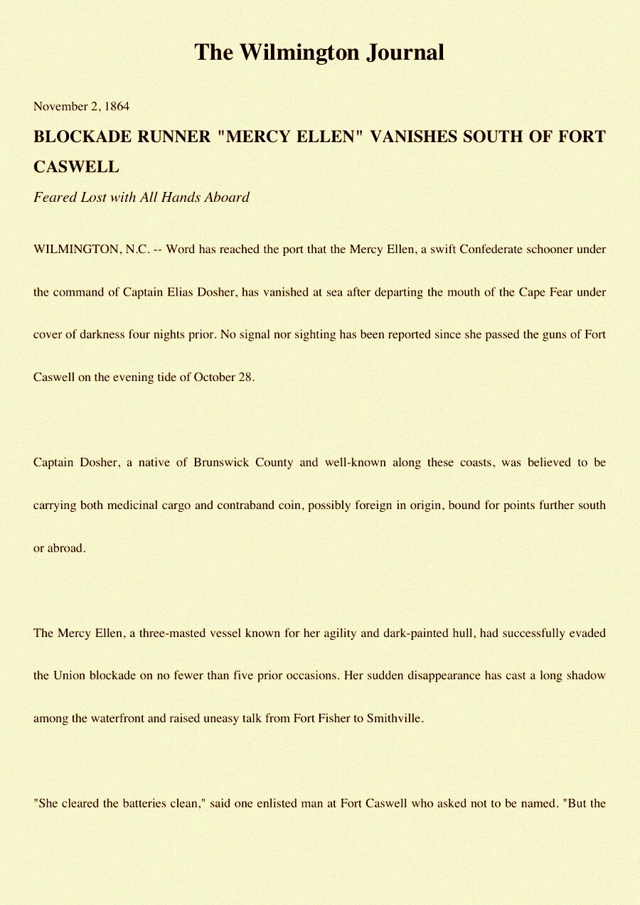 Scanned first page of The Wilmington Journal, November 2, 1864, reporting the disappearance of the blockade runner Mercy Ellen